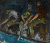 Armin Carl Hansen, Three fishermen hauling in the nets, oil on canvas