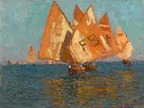 Italian boats on the Mediterranean by Edgar Alwin Payne, oil on canvas affixed to board, sold Apr 2015