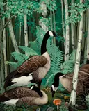 Jessie Arms Botke, Wild geese in a birch wood, oil on canvas affixed to board
