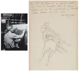Drawing of a bucking bronco with a photograph of the artist at his easel by Charles Marion Russell, pencil on paper, offered Apr 2015