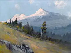 Jules B. Dahlager, Evening glow on Deer Mountain, Ketchikan, Alaska; Alaskan mountains at sunset (two), first oil on canvas board; second oil on canvas
