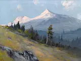 Jules B. Dahlager, Evening glow on Deer Mountain, Ketchikan, Alaska; Alaskan mountains at sunset (two), first oil on canvas board; second oil on canvas