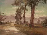 Paul Grimm, Road to the mountains; Road to a ranch; In the woods; Tree lined road with distant mountains (group of 4)