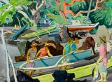 Millard Sheets, Hawaii (Fishermen pulling up an Outrigger canoe)