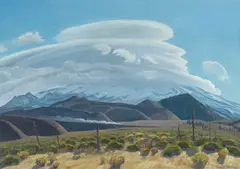 Ray Strong, Passing train beneath Mount Shasta, oil on masonite