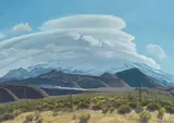 Ray Strong, Passing train beneath Mount Shasta, oil on masonite