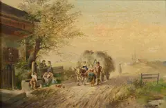 E. Burger, Figures outside a tavern with a covered wagon on the road; Farmers coming in from the field with a hay wagon (a pair)