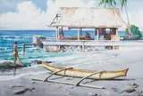 M.E. Van Sant, Fisherman with hut and canoe on the north shore of Kauai, watercolor on paper affixed to board