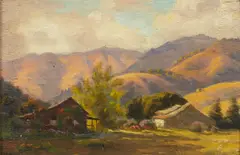 Thaddeus Welch, A California farm scene; A California landscape (painted on two sides of the same board), oil on board