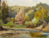 Blessing LeMohn, A farmhouse in a landscape traversed by a river, oil on canvas