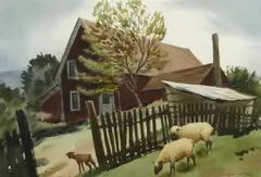 Nat Levy, Sheep by a Red Farmhouse, Fort Bragg, watercolor on paper