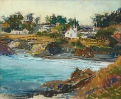 Blessing LeMohn, View of Mendocino; Fishing boats in the cove; View of a cove, Mendocino (Group of 3), first and second signed 'LeMohn' (lower left); third signed 'LeMohn' (lower right)