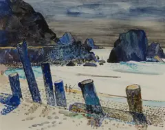 William A. Gaw, Fishing on the Beach, Caspar, Mendocino, watercolor on board