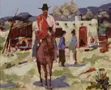 John Franklin, Near Chama; Two Indian Girls; Pueblo Women; Three Indians on Horseback; Indian on Horseback in the Snow; Las Tinajas (water pots); Autumn Mosaic (group of 7), first, second, third, fourth, and fifth oil on board; sixth oil on canvas affixed to board; seventh pastel on board
