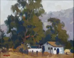 Richard Schloss, A coastal view at dusk; A landscape with a coastal inlet; Old Dairy near Ojai (Group of 3), first oil on paper; second oil on board; third oil on canvas