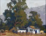 Richard Schloss, A coastal view at dusk; A landscape with a coastal inlet; Old Dairy near Ojai (Group of 3), first oil on paper; second oil on board; third oil on canvas