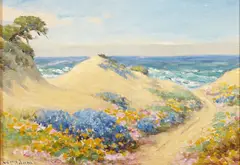 Walter Albert Engelhardt, A view of a valley at sunset; A path through the dunes, Monterey (Group of 2), first signed 'W. Engelhardt' (lower right); second signed 'Wm Adam' (lower left)