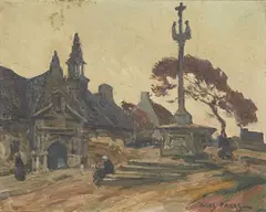 Jules Eugene Pages, A roadside marker in Normandy village, oil on canvas affixed to board