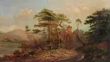 John Williamson, A man and dog traversing a wooded road along a river, oil on canvas