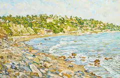 A view of a coastal town from the shoreline by Eugene Kaspin, oil on canvas, sold Feb 2015