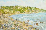 Eugene Kaspin, A view of a coastal town from the shoreline, oil on canvas