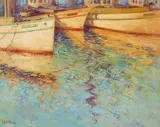 William Alexander Sharp, Boats at dock, oil on canvas