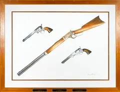 Rex Kochel, A study of three Colt firearms in life-size, watercolor on paper