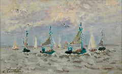 André Hambourg, Bateaux de pêche au large Deauville, oil on canvas