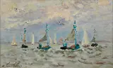 André Hambourg, Bateaux de pêche au large Deauville, oil on canvas