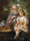 Aleksei Trankovsky, Drinking tea with grandfather, oil on canvas laid on composite board