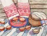 Adia Sitdikova, A country still life together with a peasant interior scene, both pastel on paper