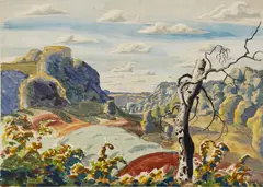 Charles E. Burchfield, Landscape with Tree, watercolor and pencil on paper laid down on board