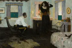 Dean Cornwell, As Kent sat there, uttering no word, the demands of the immense responsibility that had fallen upon him and the great fight that lay ahead pounded within, oil on canvas
