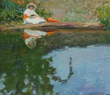 Jane Peterson, Lady by a Lake, oil on canvasboard