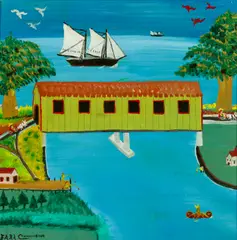 Earl Cunningham, Covered Bridge, oil on board