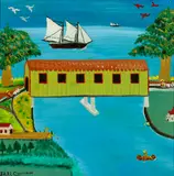 Earl Cunningham, Covered Bridge, oil on board