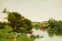 Bruce Crane, Geese by a woodland pond with moored boat, oil on canvas