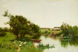 Bruce Crane, Geese by a woodland pond with moored boat