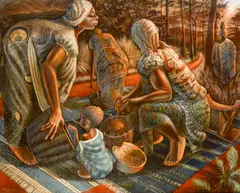 John T. Biggers, Women, Ghana, oil on Masonite