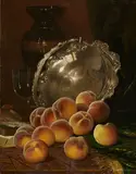 William Mason Brown, Still life with peaches and silver platter, oil on canvas laid down on Masonite