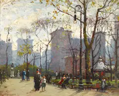 Paul Cornoyer, Washington Square Park, New York, oil on panel