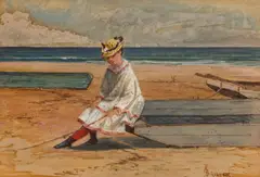 Figure seated on a dorie by Alfred Thompson Bricher, watercolor on paper laid down on card, sold Dec 2013