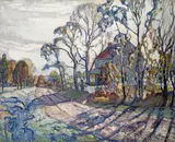 Walter Emerson Baum, House, Road and Trees, oil on canvas