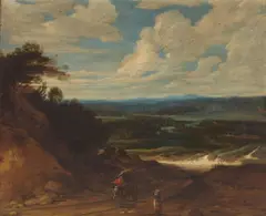 Lucas Achtschellinck, A landscape with figures and a wagon on a track in the foreground, oil on canvas