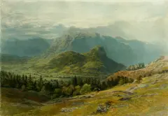 Henry Anelay, An extensive mountainous landscape with figures on a track in the foreground, watercolor over pencil