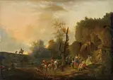 French School, A landscape with travellers on a track and washerwomen by a river, oil on canvas laid down on board