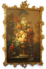 French School, A still life with roses and other flowers in an urn with a parrot resting on a branch, oil on canvas