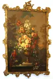 A still life with roses and other flowers in an urn with a parrot resting on a branch by French School, oil on canvas, sold Nov 2013