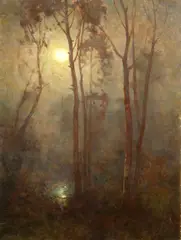 Emo Mazzetti, A moonlit forest, oil on panel