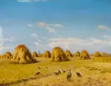 Léon Louis Oury, A view of Chartres Cathedral across a hayfield with partridges in the foreground, oil on canvas